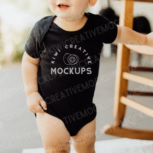 Rabbit Skins 4400 Black Mockup, Baby Model Bodysuit, Lifestyle Infant, Child Model, Onesie Mockup Model, One-Piece Short-Sleeve Shirt