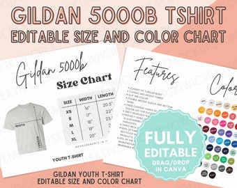 Maqueta de la tabla de tallas y colores de la camiseta infantil Gildan 5000b (descarga digital de Canva)