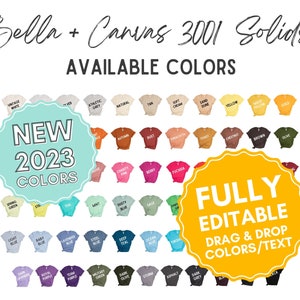 EDITABLE Bella Canvas 3001 C Gráfico de colores sólidos, Personalizar en Canva, Descarga digital, Todos los colores, Plantilla de camisa de maqueta, 2022 Colores
