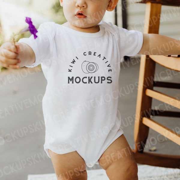 Rabbit Skins 4400 White Mockup, Baby Model Bodysuit, Lifestyle Infant, Child Model, Onesie Mockup Model, One-Piece Short-Sleeve Shirt