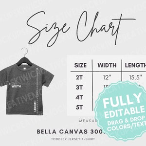 Tabella delle taglie EDITABLE Bella Canvas 3001T, personalizzabile in Canva, t-shirt in jersey per bambini, guida alle taglie delle t-shirt per bambini Misure scaricabili