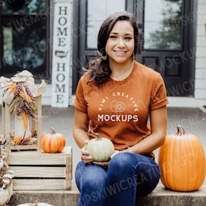 Bella Canvas 3001 Autumn Mockup for Fall, White T-shirt Mockup, Women&#39;s Modeled Orange Shirt Mockup, Halloween Mock-Up, Pumpkin Decor