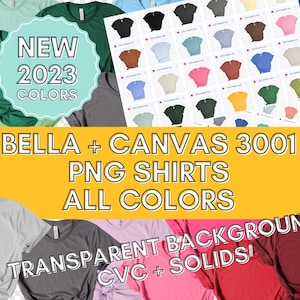 3001 Camisetas Bella Canvas PNG, fondo transparente, plantilla de maqueta de carta de colores, todos los 2023 colores editables, personalizar Canva Prism Heather