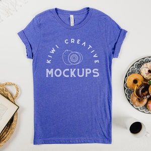 Bella Canvas 3001 Heather True Royal Mockup, Women&#39;s T-Shirt Flat Lay, Blank Tee Mock-Up, Sweets, Donuts, Baking Mockup