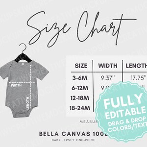 MODIFICABILE Tabella delle taglie Bella Canvas 100B, personalizzabile in Canva, tutina monopezzo per neonati, guida alle taglie Mockup Misure scaricabili