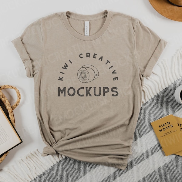 Bella Canvas 3001 CVC Heather Stone Mockup, Women's T-Shirt Mockup, Flat Lay Styled Mock-Up, Tee Shirt Blank, Stock Photo, Boho Mocks