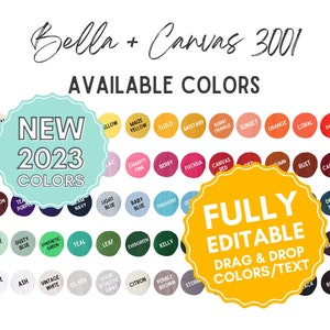 Carta de colores sólidos EDITABLE Bella Canvas 3001C, Personalizar con Canva, Descarga digital, Todos los colores de impresión, Plantilla de maqueta