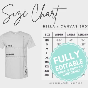 EDITABLE Bella Canvas 3001 Size Chart, Customizable in Canva, T-shirt ...