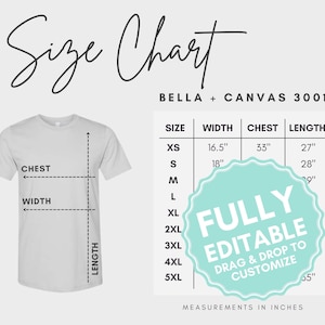EDITIERBARE Bella Canvas 3001 Größentabelle, anpassbar in Canva, T-Shirt Guide Messungen, herunterladbare Größentabelle, Size Guide Mocks
