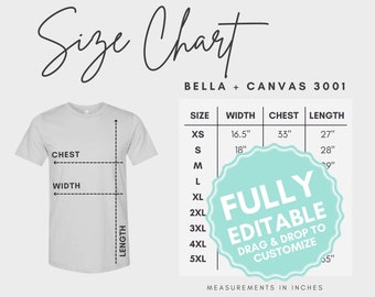 EDITABLE Bella Canvas 3001 Size Chart, Customizable in Canva, T-Shirt Guide Measurements, Downloadable Size Chart, Size Guide Mocks