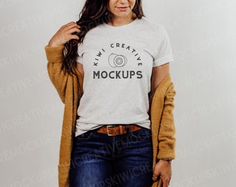 Bella Canvas 3001 Ash T-shirt Mockup: Women's Modeled Shirt (Digital Download)