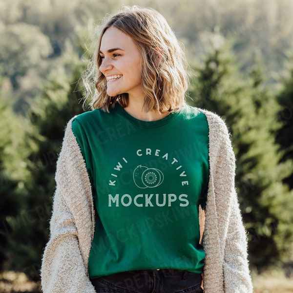 Bella Canvas 3001 Evergreen Mockup, Christmas Holiday T-shirt Blank, Women's Modeled Festive Sublimation Tee Shirt Mockups POD