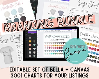 COMPLETE EDITABLE Bella Canvas 3001 Set, T-Shirt Color and Size Charts, Customizable in Canva, Instant Digital Download