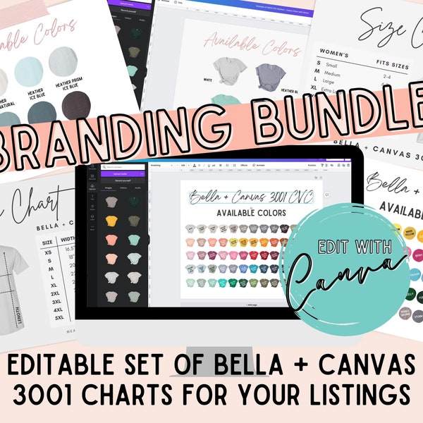 COMPLETE EDITABLE Bella Canvas 3001 Set, T-Shirt Color and Size Charts, Customizable in Canva, Instant Digital Download