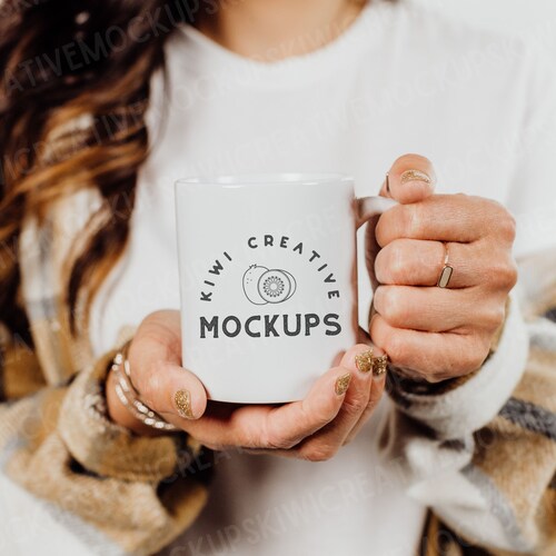 White Mug Mockup: Woman Holding Coffee Mug (Photoshop Smart Object)