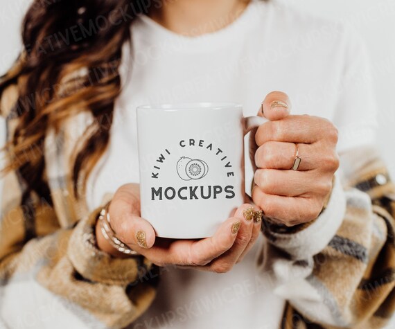 White Mug Mockup: Woman Holding Coffee Mug (Photoshop Smart Object)