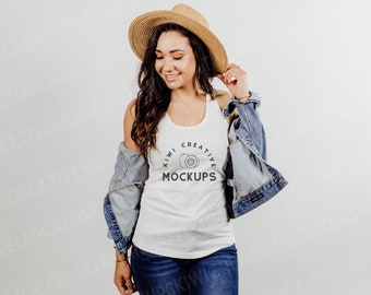 White Tank Top Mockup: Boho Racerback, Women's Modeled Shirt (Digital Download)