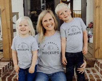 Mommy & Me Shirt Mockup, Mom Kids Shirts, Bella Canvas 3001 Athletic Heather Grey Shirt Family Mockups, Mother Child T-Shirt Mocks, Siblings