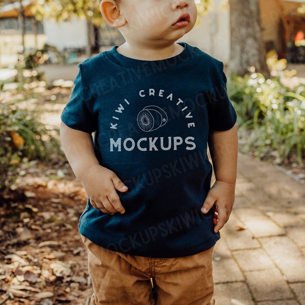 RABBIT SKINS 3322 Navy Mockup with Model, Lifestyle Baby T-Shirt Mockup, Blank White T-Shirt Cute Toddler Model Outside, Spring