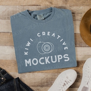 Comfort Colors 1717 Ice Blue Mockup, Women&#39;s T-Shirt Mockup, Flat Lay Styled Shirt Mock-Up, Tee Shirt Blank Stock Photo, Blue Mock