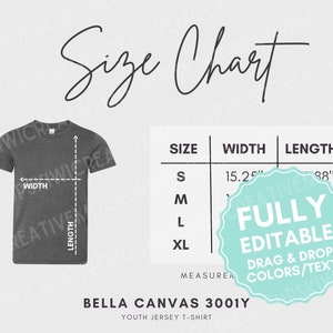 EDITABLE Bella Canvas 3001Y Youth T-Shirt Size Chart, Customizable in Canva, BC3001 Kids Shirt, Mockup Size Guide, Measurements Downloadable
