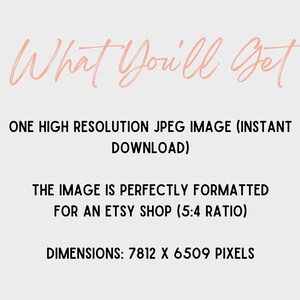 May include: A light gray background with the text "What You'll Get" in a cursive, pink font. Below, the text reads: "ONE HIGH RESOLUTION JPEG IMAGE (INSTANT DOWNLOAD). THE IMAGE IS PERFECTLY FORMATTED FOR AN ETSY SHOP (5:4 RATIO). DIMENSIONS: 7812 X 6509 PIXELS."