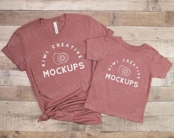 Mommy & Me Toddler Heather Mauve T-Shirt Mockup, Bella Canvas 3001 Family Mocks, BC 3001T Flat Lay Mock-Up, Mom Child Mockup, Mother&#39;s Day