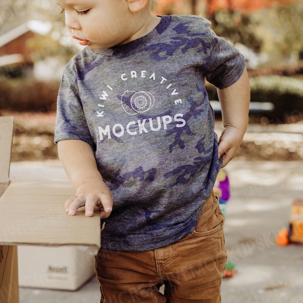 RABBIT SKINS 3322 Vintage Camo Mockup with Model, Lifestyle Toddler T-Shirt Mockup Baby, Blank T-Shirt Cute Toddler Model Outside