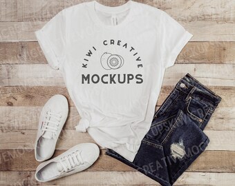 Bella Canvas 3001 Weiß T-Shirt Mockup: Boho Flat Lay (Digitaler Download)