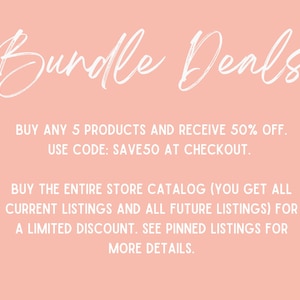 Op de afbeelding: Roze achtergrond met witte tekst die "Bundle Deals" luidt. Koop 5 producten en ontvang 50% korting. Gebruik code: SAVE50 bij het afrekenen. Koop de volledige winkelcatalogus (je krijgt alle huidige en toekomstige vermeldingen) voor een beperkte korting. Bekijk vastgezette vermeldingen voor meer details.