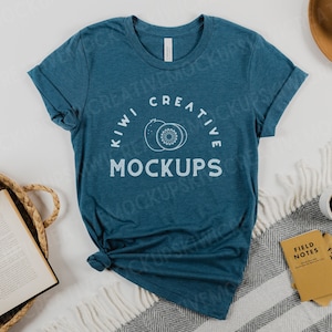 Bella Canvas 3001 Heather Deep Teal Mockup, Women&#39;s T-Shirt Mockup, Flat Lay Styled Mock-Up, Tee Shirt Blank Stock Photo Boho Mocks