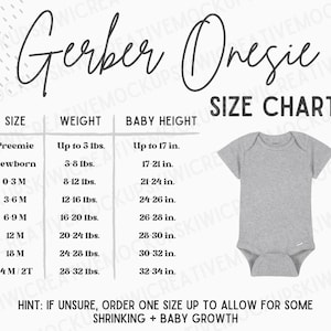 Gerber Onesie Tabella delle taglie, Tabella delle taglie del bambino carino, Taglie del body per neonati, Mockup della tabella delle taglie, Misure a maniche corte per bambini, Simulazioni di pezzi unici