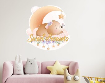 Zoete dromen Muurstickers, dierenstickers, beren kunst aan de muur, maan en sterren Kwekerij muur sticker, Baby kamer decor