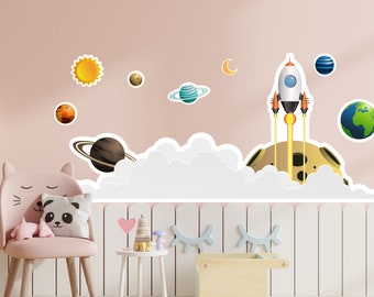 Väggdekor raket och planet, väggkonst för barnrum med galax, rumsdekor med planeter, himmeltema