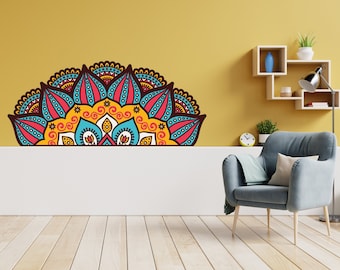 Yoga Kunst aan de muur, Half Mandala muurstickers, Lotus Bloem sticker, Indiase muur Decor, Half Mandala print