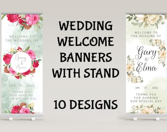 Floral Wedding Pull Up Banner, Welkom Roller Banner, roll up banner met stand