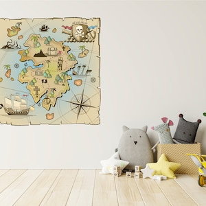 Carte au trésor Stickers muraux, Autocollants Pirates, Art mural de carte secrète en or, Autocollant mural de crèche, Décor de chambre de bébé garçon