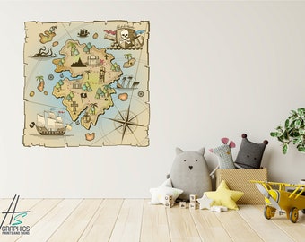 Puede incluir: Un mapa del tesoro de estilo vintage con una calavera y huesos cruzados, barcos e islas. El mapa está impreso en un fondo marrón claro con agua azul e islas verdes. El mapa está rodeado por un borde blanco.