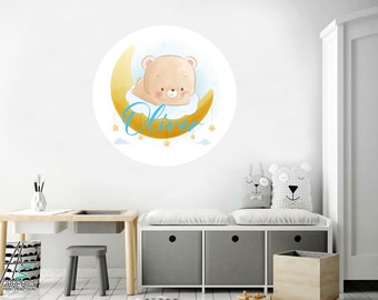 Beer en naam Muurstickers, dierenstickers, gepersonaliseerde naam kunst aan de muur, maan en sterren Kwekerij muur sticker, Baby kamer decor
