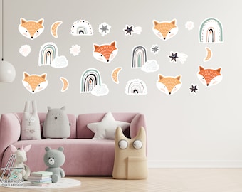 Leuke vos muur sticker, Bos muur decal, Regenboog, Kwekerij muur sticker, Dieren stickers, Kid muur sticker, Bos dier sticker, kinderkamer