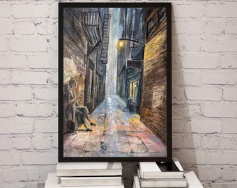 Lámina decorativa de un callejón de la ciudad con un ambiente melancólico, pintura de figuras urbanas con un toque cinematográfico, decoración estilo Dark Academia, obra de arte de una escena nocturna en una calle, cuadro de gran formato.