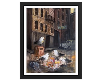Lámina enmarcada de Gaviotas en un callejón de la ciudad • Pintura urbana melancólica
