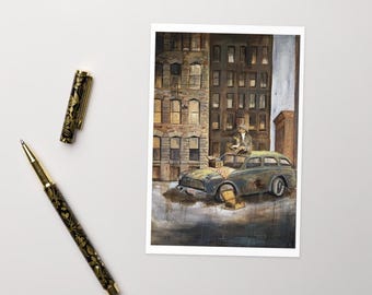 Tarjeta de felicitación con pintura de coche clásico: arte urbano reflexivo