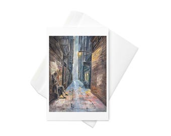 Tarjeta de felicitación con paisaje urbano: Escena callejera melancólica con figura, pintura original de Anna Daood
