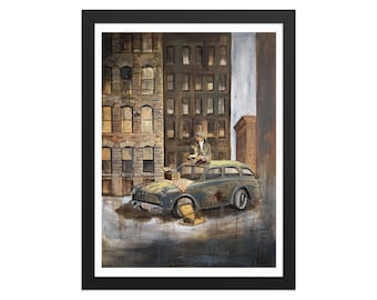 Impresión artística enmarcada de un coche clásico con escena cinematográfica en un callejón de Anna Daood