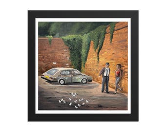 Impresión enmarcada de pintura al óleo "Callejón Urbano": Coche clásico, Anna Daood Art