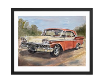 Impresión artística de coche clásico vintage bicolor - Enmarcada / Pintura de automóvil de mediados de siglo / Arte mural retro americano