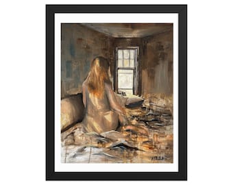 Lámina figurativa enmarcada para decoración del hogar: Mujer bajo la luz de una ventana, Anna Daood