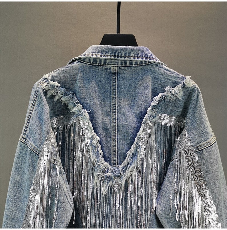 Denim Sequin Fringe Jacket Sequin Tassel Denim Jacket Etsy