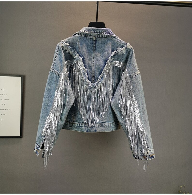 Denim Sequin Fringe Jacket Sequin Tassel Denim Jacket Etsy
